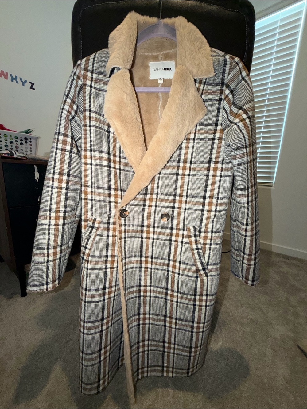 Fashion Nova Plaid Double-Breasted Coat with Tan Faux Fur Collar